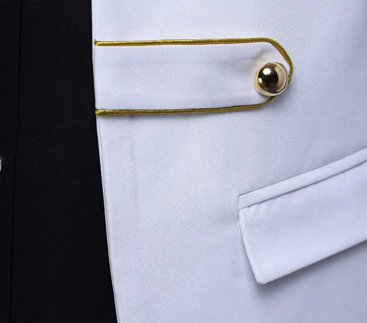 Gold safety pin with ball end on white fabric of Pleasures and Sins Slim Fit Jacket.