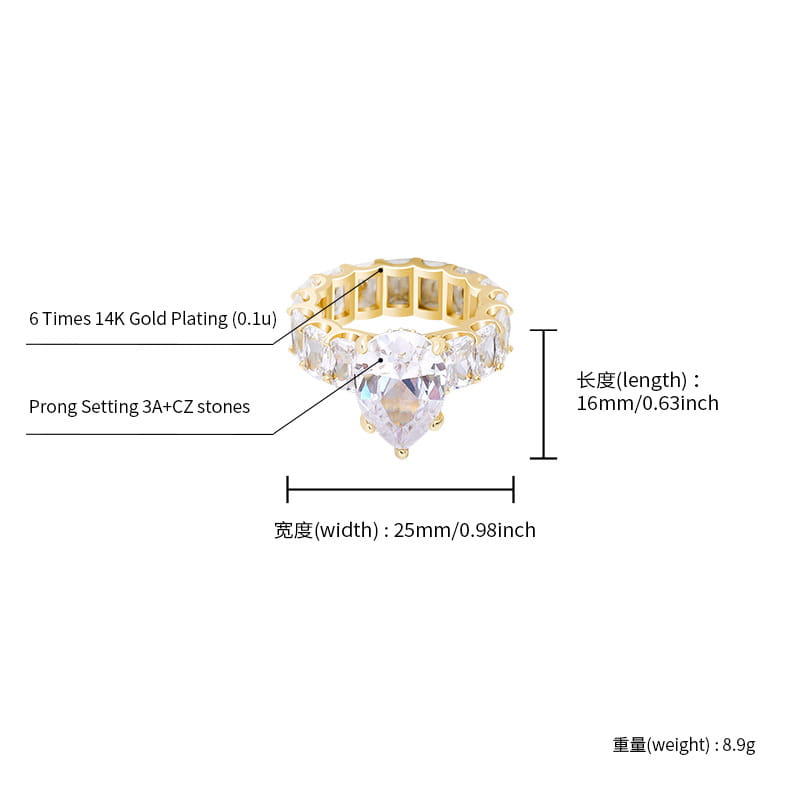 Gold-plated Luxury Iced Bling Water Drop Pinky Baguette Ring with cubic zirconia.