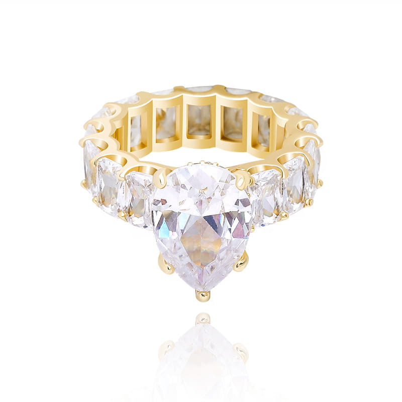 Gold-toned Luxury Iced Bling Water Drop Pinky Baguette Ring with stunning crystal details.