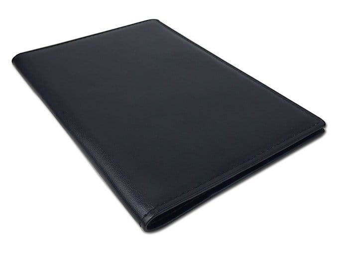 Simple black leather portfolio, the ultimate travel essential with RFID protection and card slots.