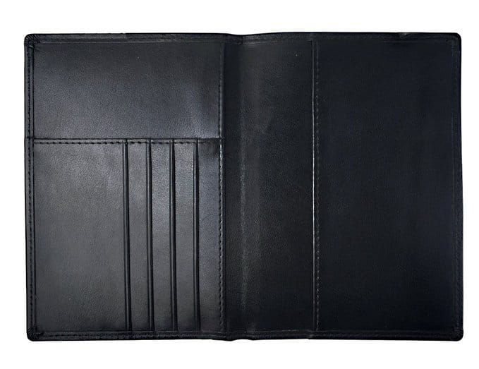 Stylish Black Leather Travel Wallet with RFID protection and card slots for travel essentials