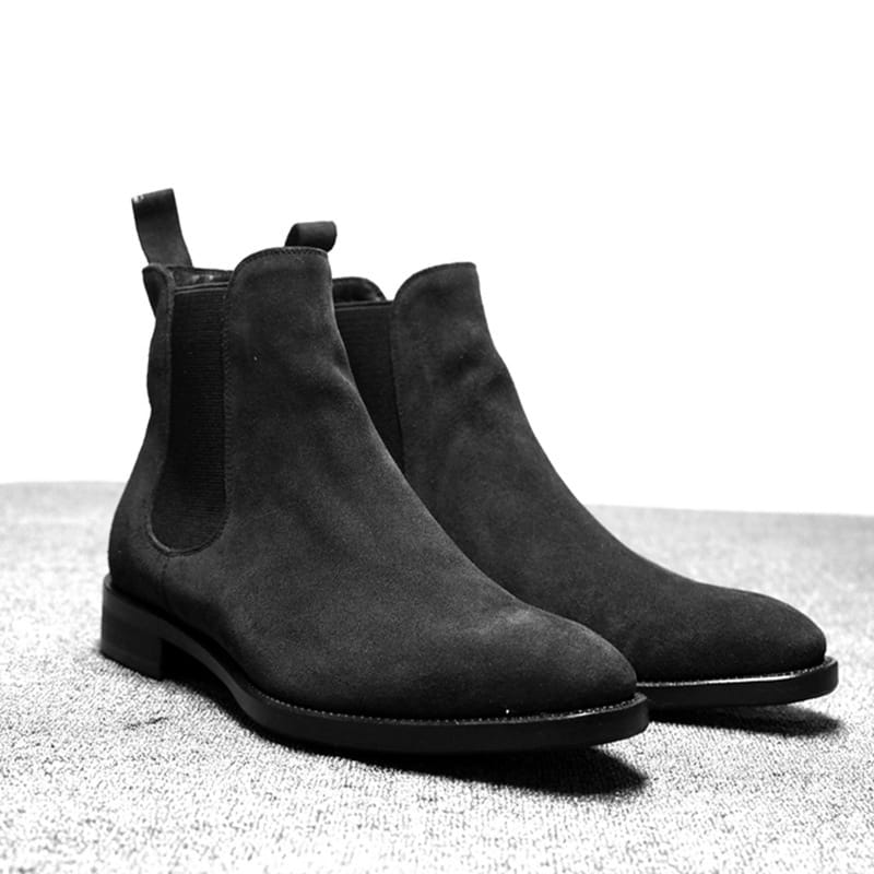 Stylish Black Suede Pointed Toe High-Top Chelsea Boots for Men with elastic side panels.