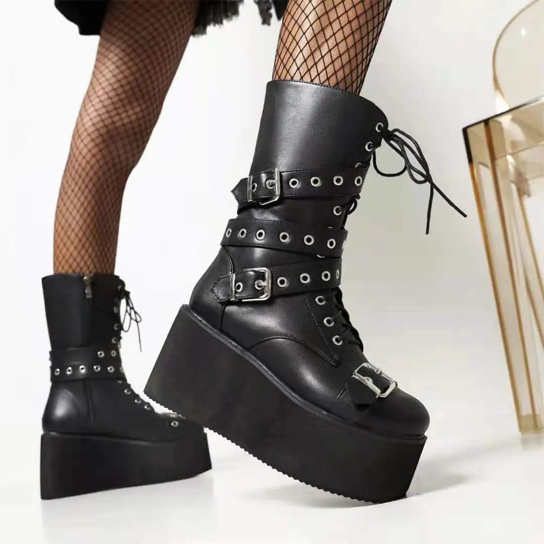 Bottes compensées hautes à plateforme punk/steampunk noires