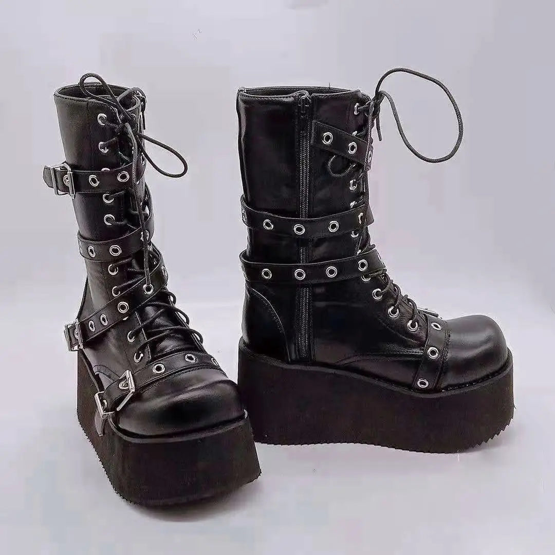 Schwarze Punk/Steampunk Plateaustiefel mit hohem Keilabsatz