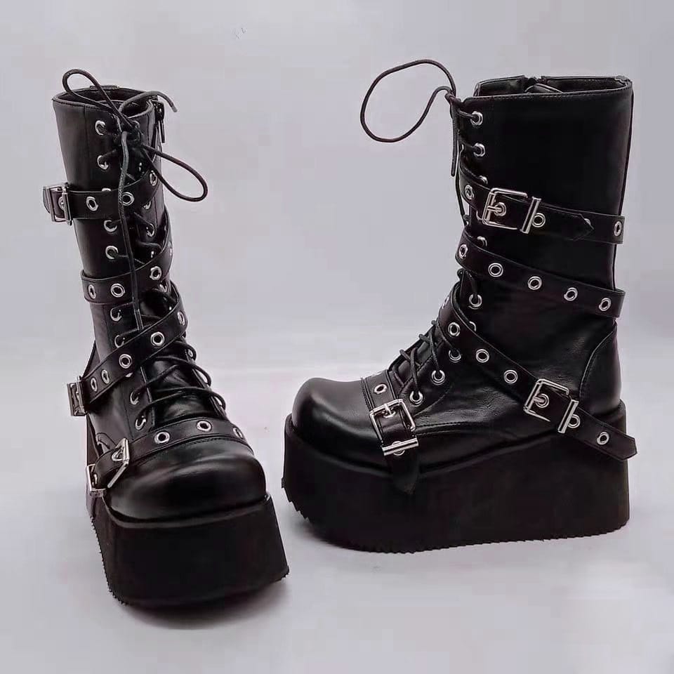 Schwarze Punk/Steampunk Plateaustiefel mit hohem Keilabsatz