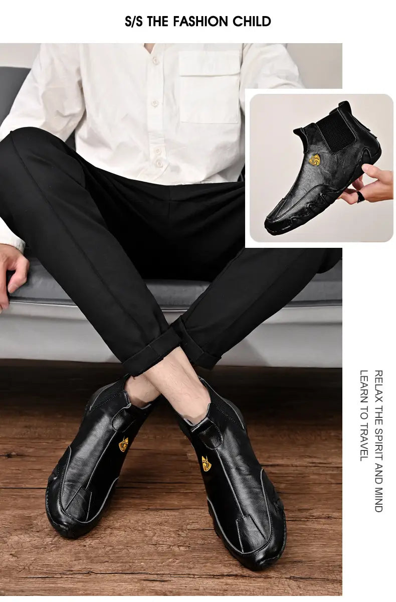 Sleek black leather ankle boots with side zippers for warm men’s casual shoes style.