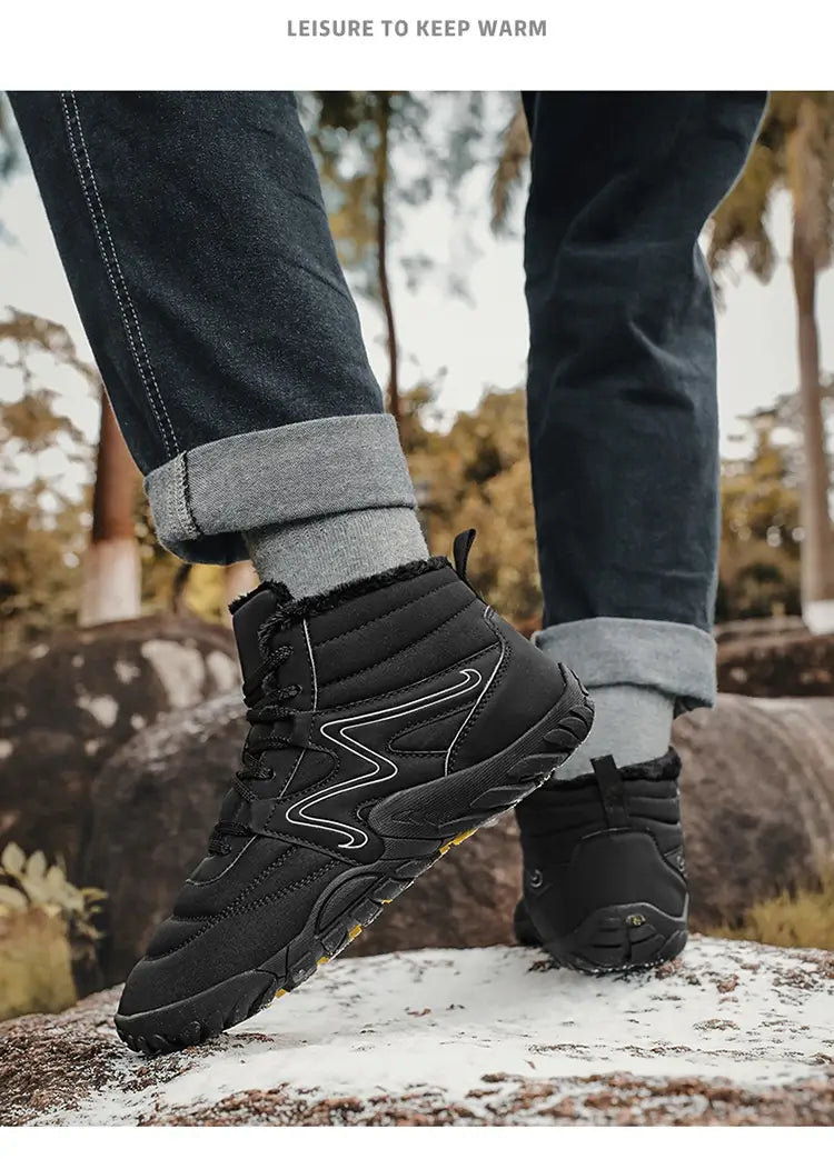 Men’s Warm Plush Sneaker Style Fur Lined Snow Boots paired with rolled-up jeans.