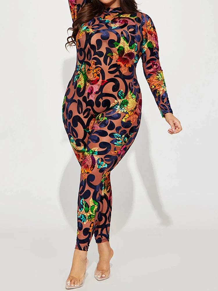 Long sleeved 3D cde printed multi-color patterned Bodycon jumpsuit - Pleasures and Sins   Pleasures and Sins