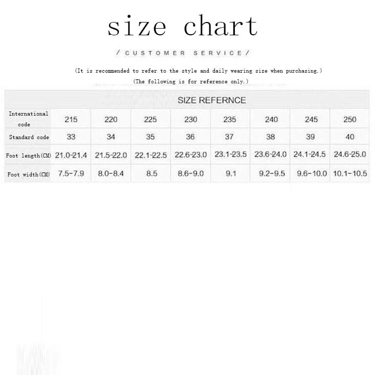 Size chart for Chic High Pointed Toe Pumps with international size conversions.