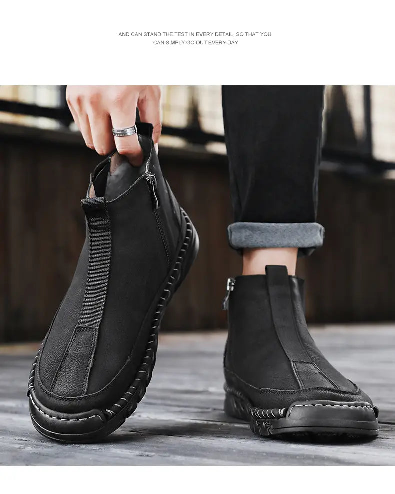 Black slip-on Chelsea boots for men with elastic sides and chunky soles, perfect winter martin boots.