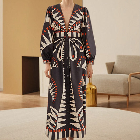 Long V neck dress with classical style print and big sleeves