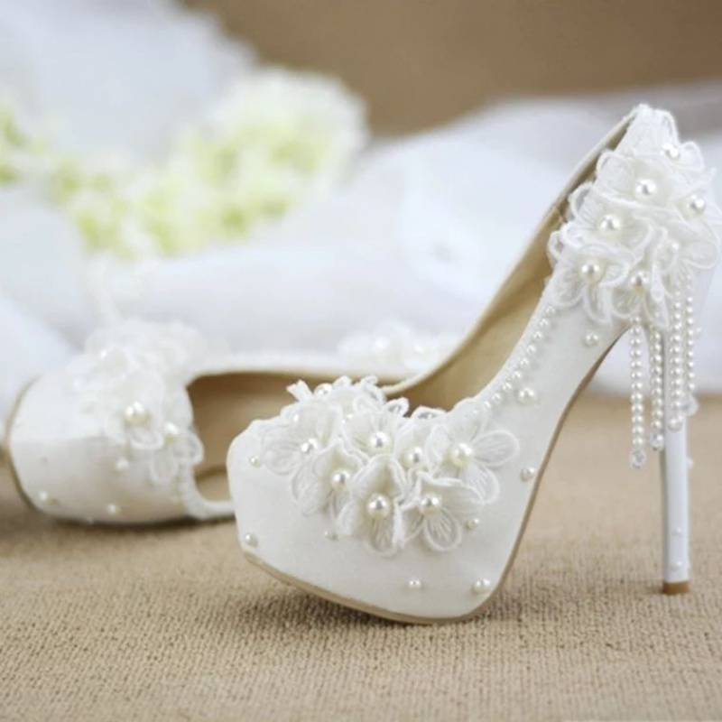 White Lace And Pearlflower High Heels Tassel Bridal Wedding
