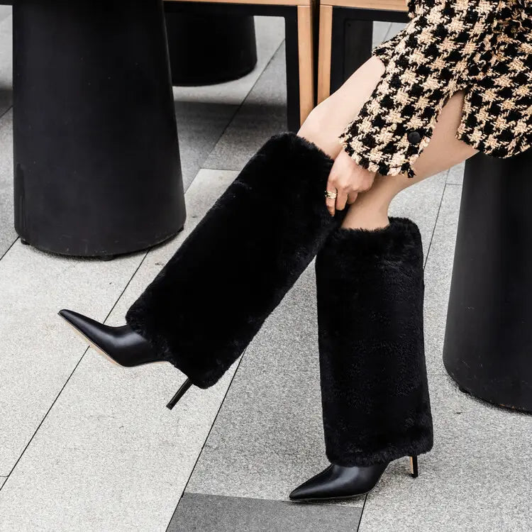 Leather Winter Stiletto Heel, Woolen Tube, Women’s