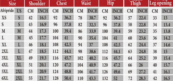 Size chart for Men’s Traditional African Ethnic Embroidered Four-Piece Suit in cm.