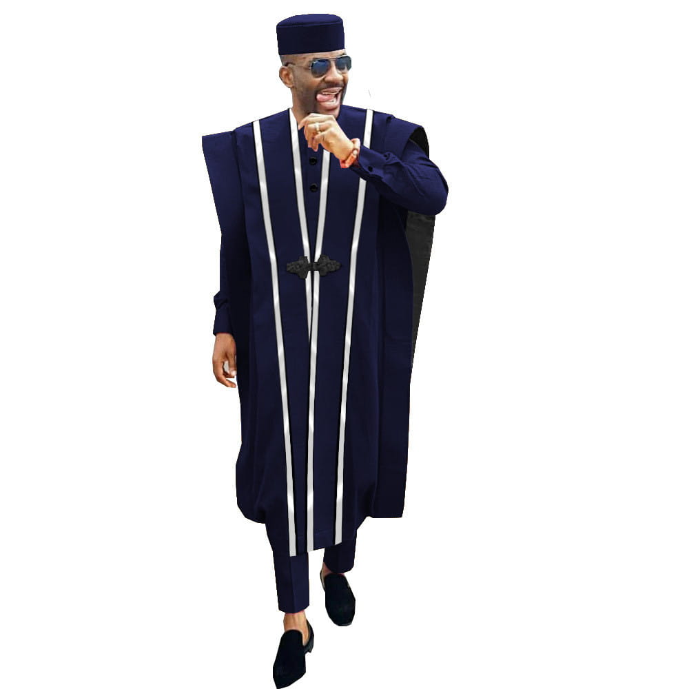 Navy Blue Traditional African Agbada with White Stripes in Embroidered Four-Piece Suit