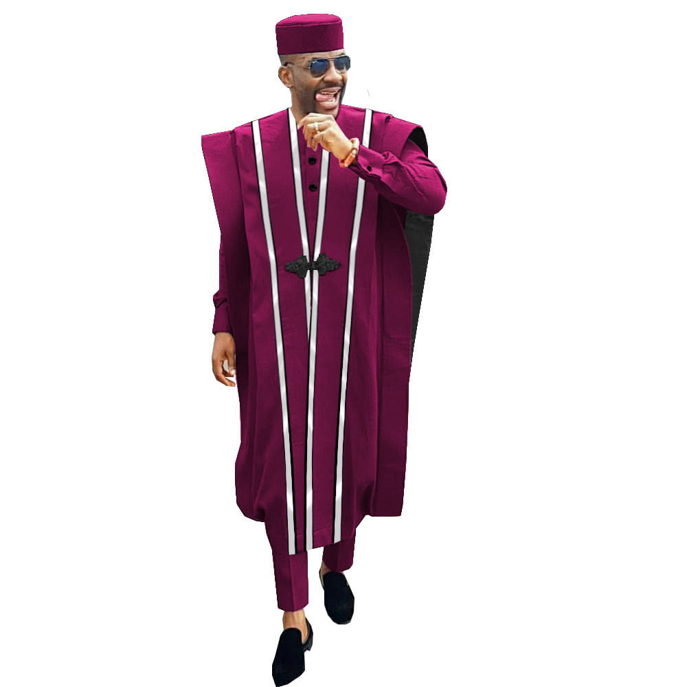 Burgundy Traditional African Agbada Robe with Stripes in Men’s Embroidered Four-Piece Suit