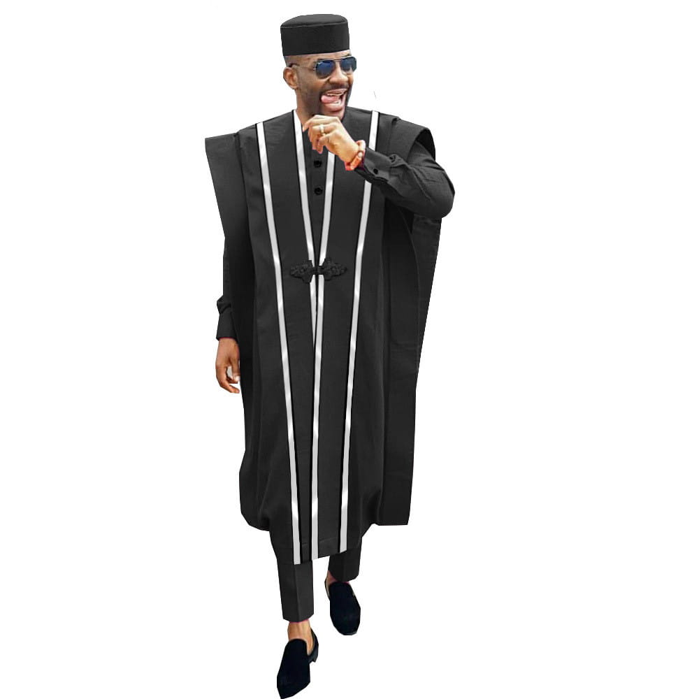 Black Agbada with white stripes and cap in Men’s Traditional African Ethnic Embroidered Four-Piece Suit.