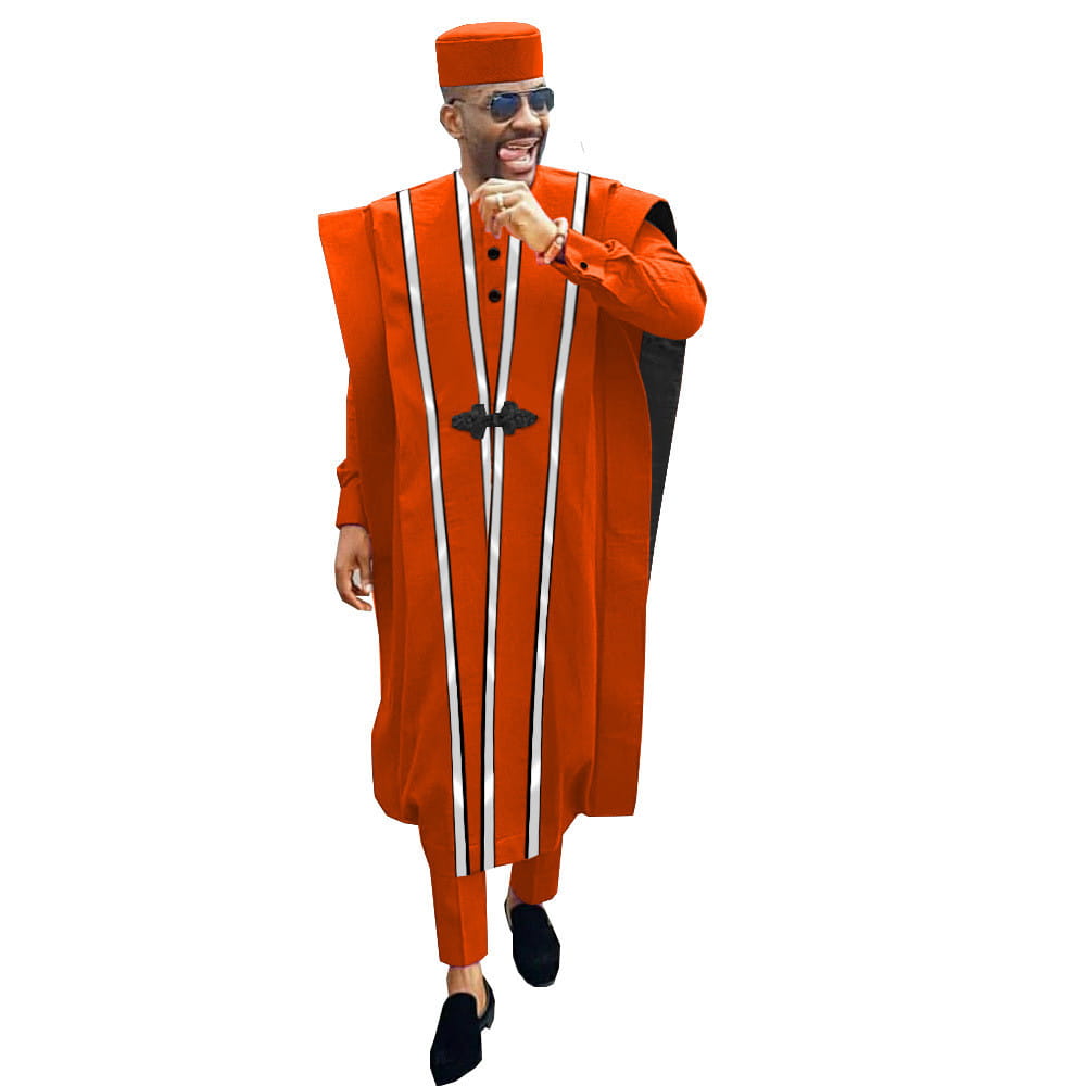 Bright orange traditional African agbada with stripes in embroidered four-piece suit.