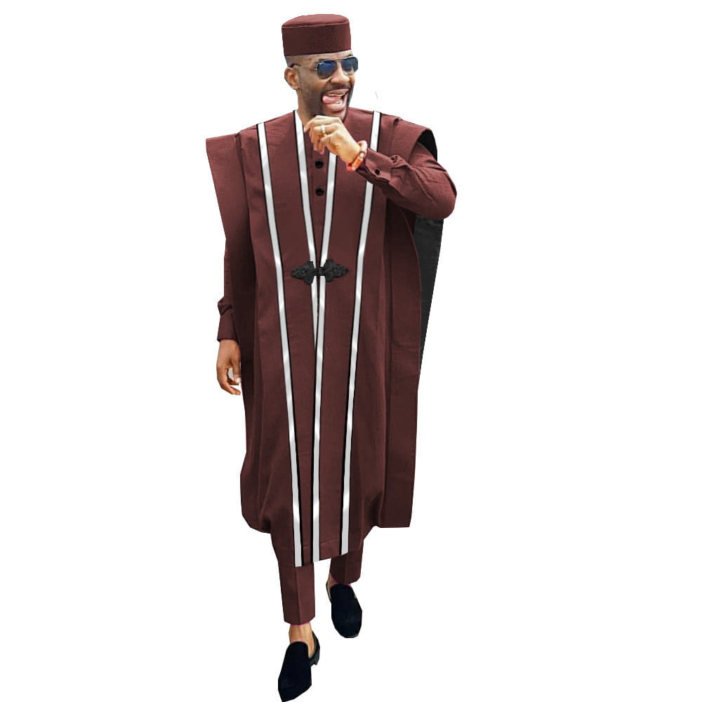 Traditional African Agbada robe in burgundy with stripes, part of embroidered four-piece suit.