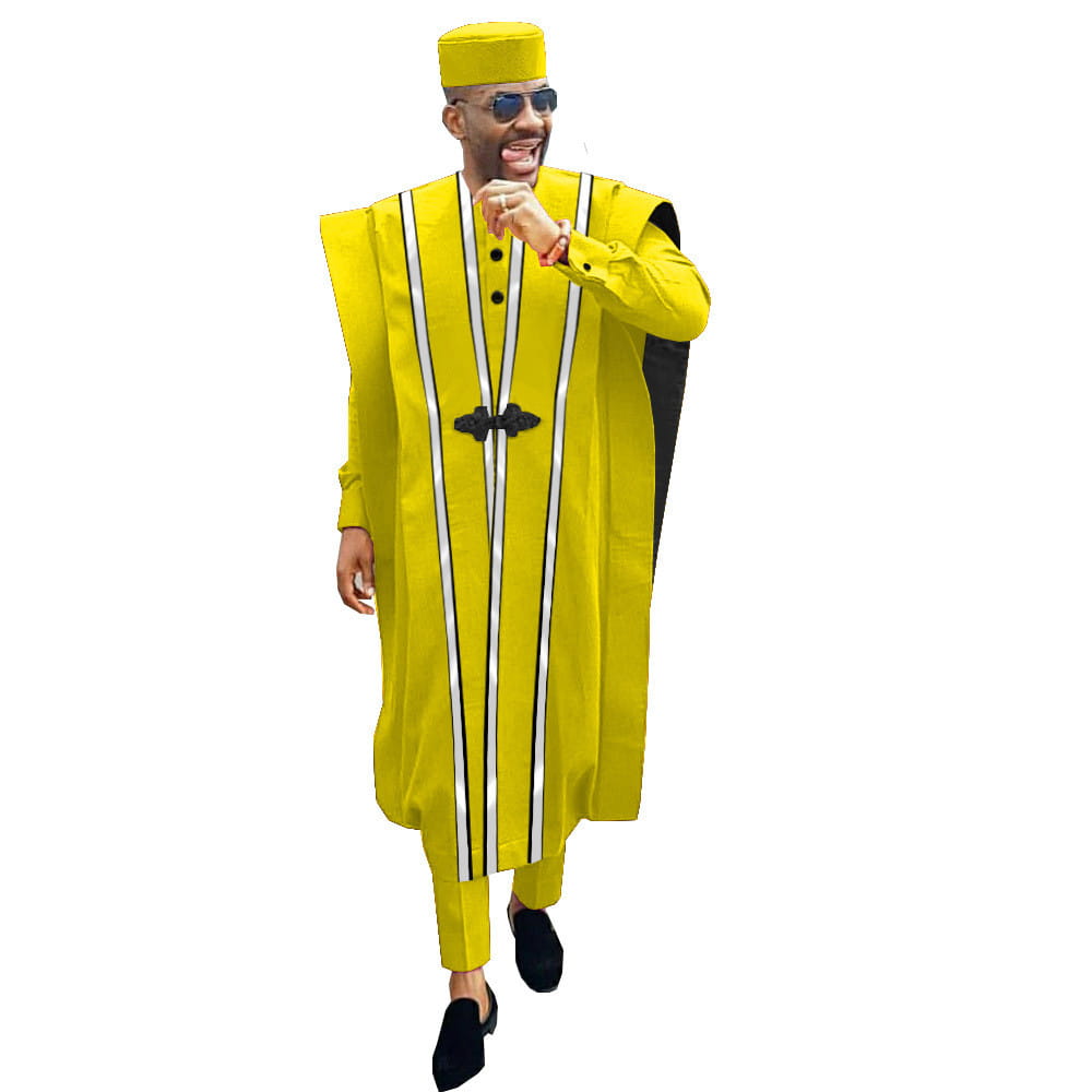 Bright yellow Traditional African Ethnic embroidered four-piece suit with stripes and cap.