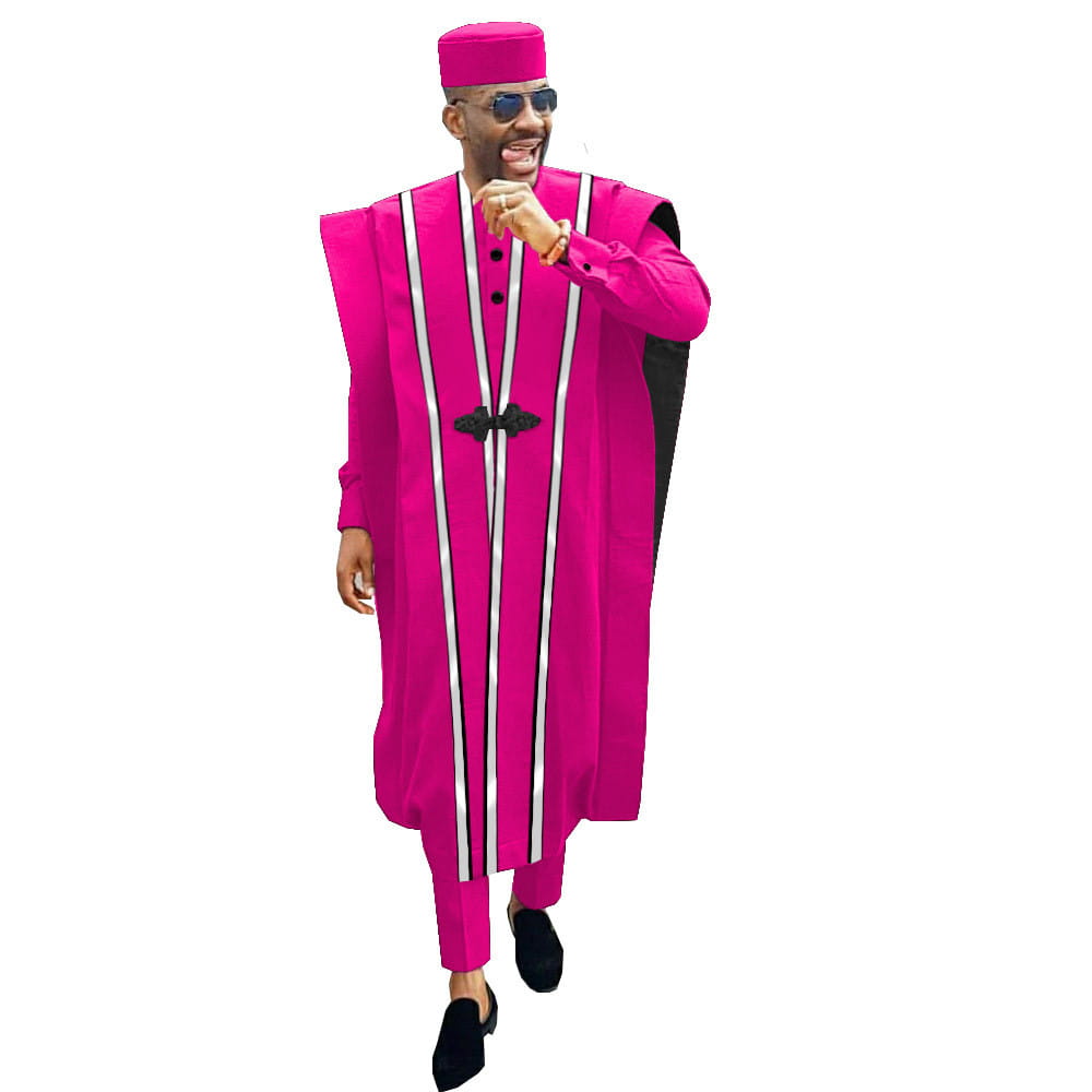 Hot pink African Ethnic Embroidered Four-Piece Suit with white stripes and matching cap.