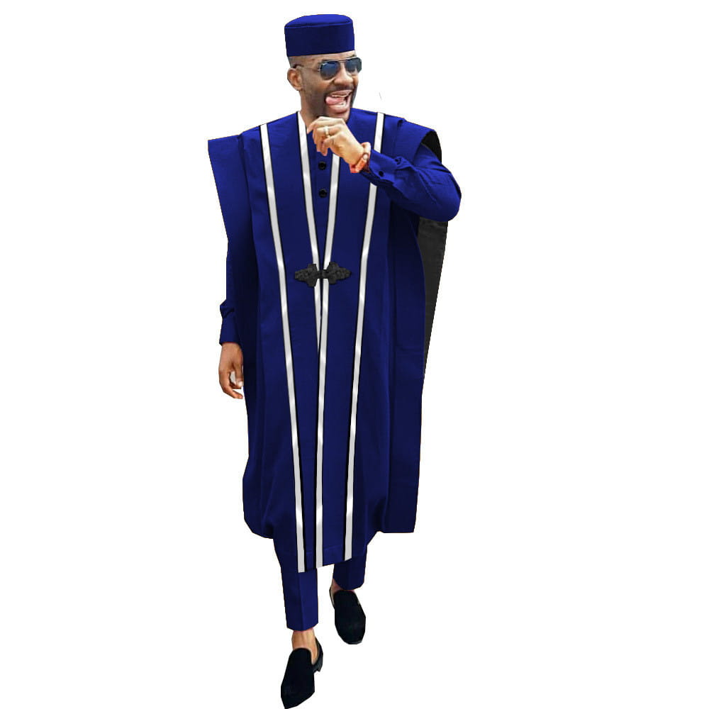 Royal blue agbada with white stripes in a Men’s Traditional African Ethnic embroidered suit.