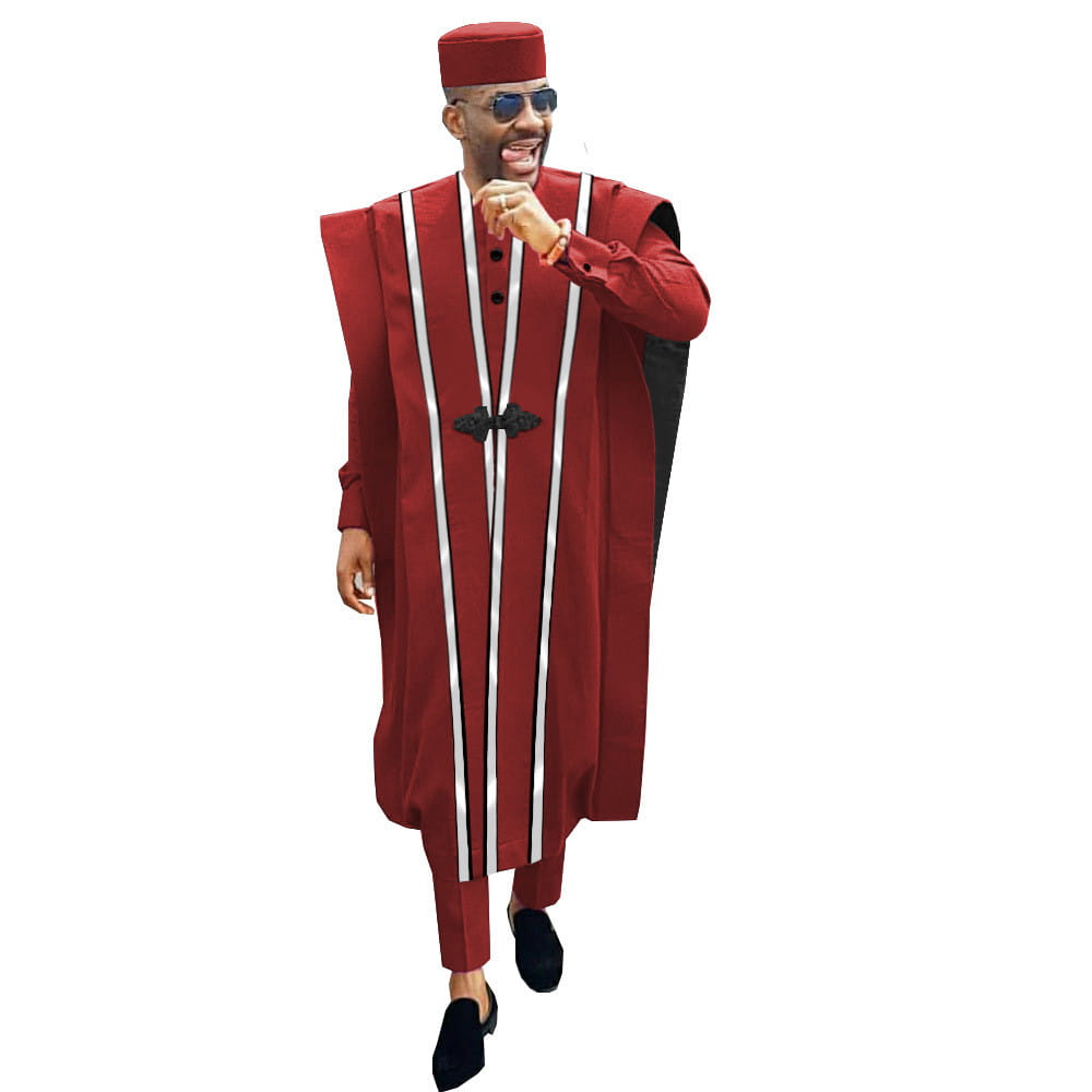 Traditional African agbada robe in deep red with white stripes and matching fez hat.