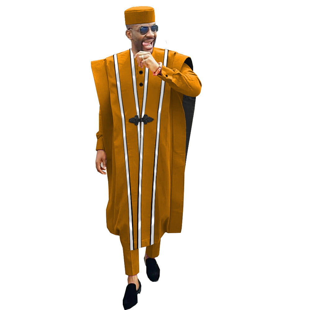 Traditional African Agbada robe in mustard yellow with stripes, part of an embroidered four-piece suit.