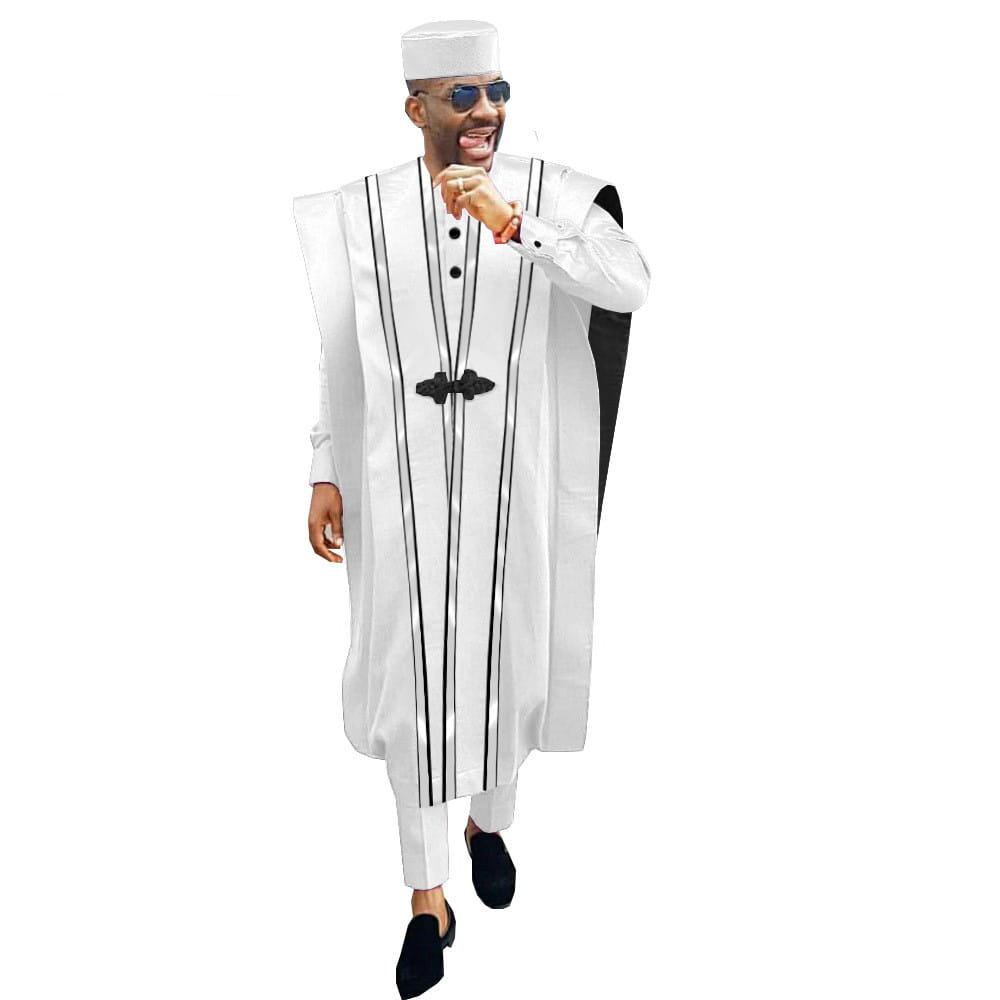 White African Ethnic Embroidered Agbada with Black Stripes and Matching Cap