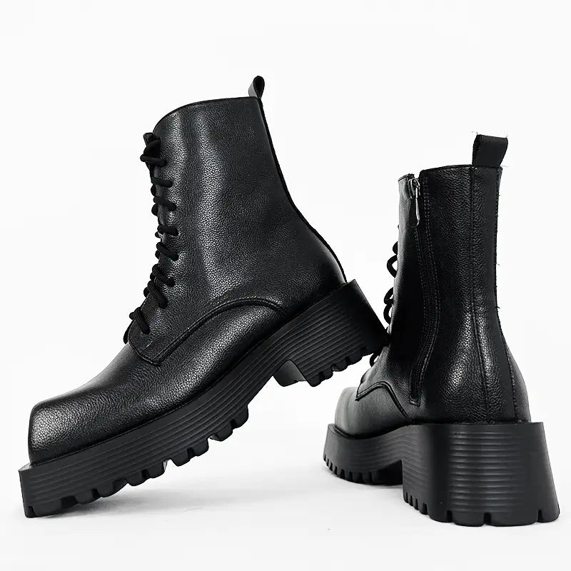 Black Thick Sole Martin Boots for Men in Leather Style with chunky platform and laces