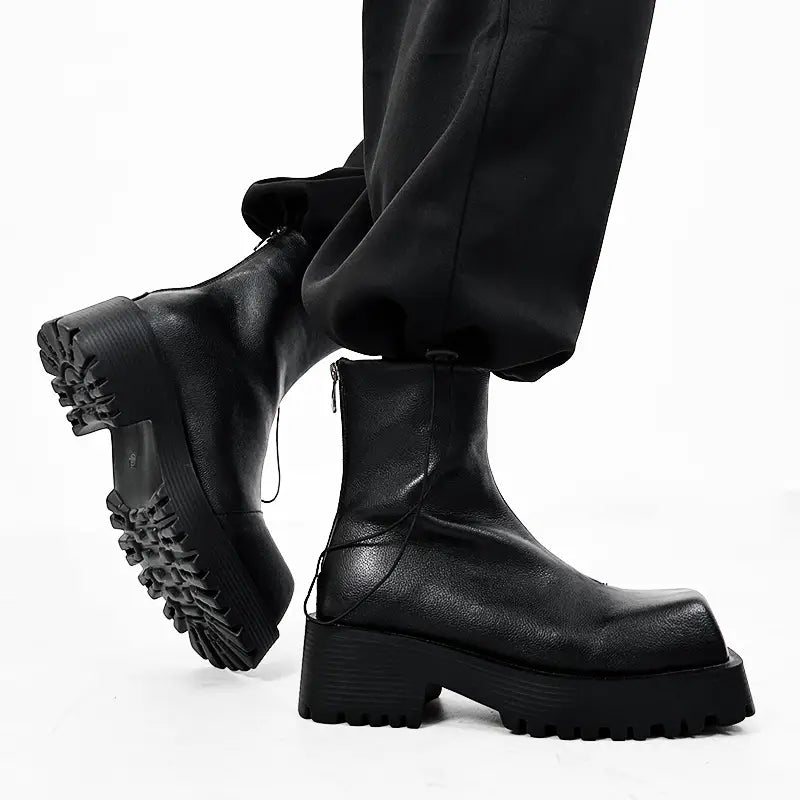 Black Thick Sole Martin Boots for Men in Leather Style with chunky treaded soles.