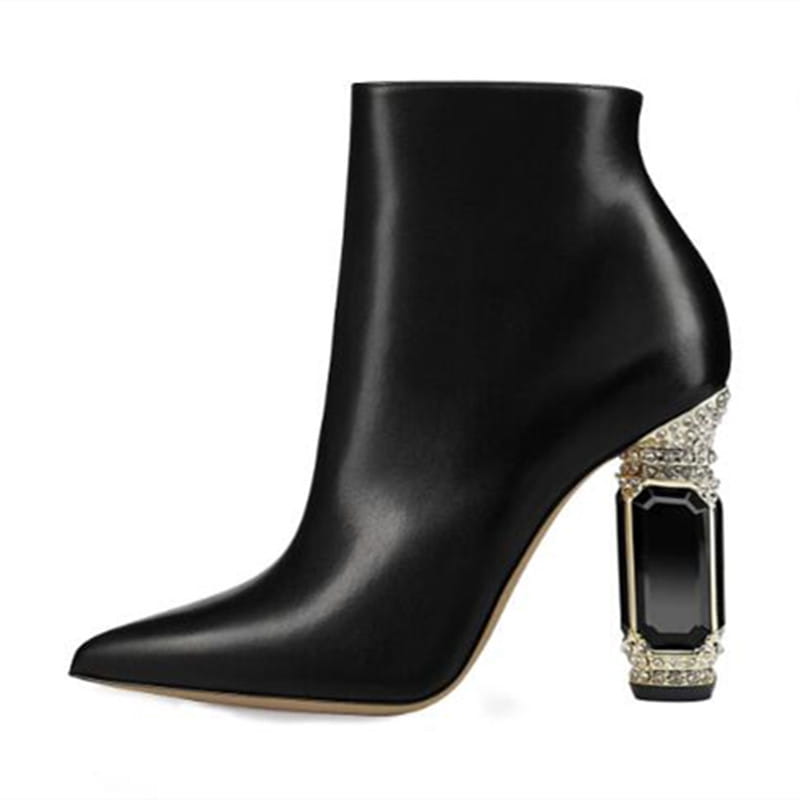 Luxury Rhinestone Gemstone Heel Womens Side Zip Short Boots