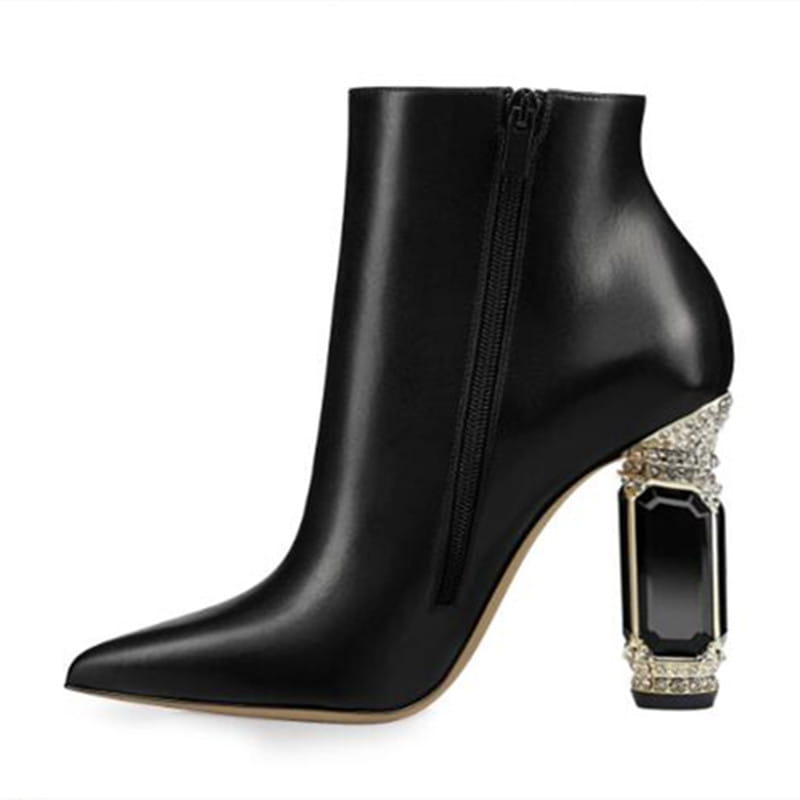 Luxury Rhinestone Gemstone Heel Womens Side Zip Short Boots