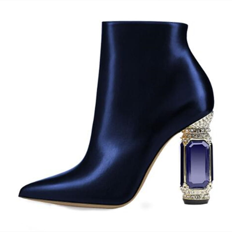 Luxury Rhinestone Gemstone Heel Womens Side Zip Short Boots