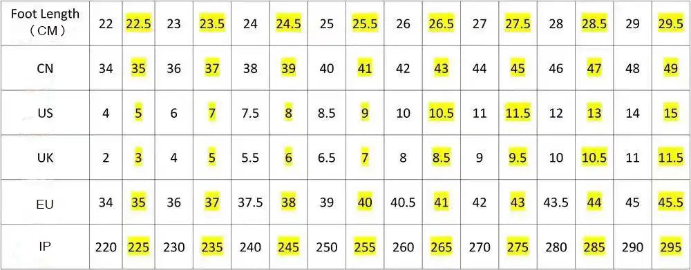 Shoe size conversion chart for Stiletto Heel Dominatrix Sandal Boots in various sizes.