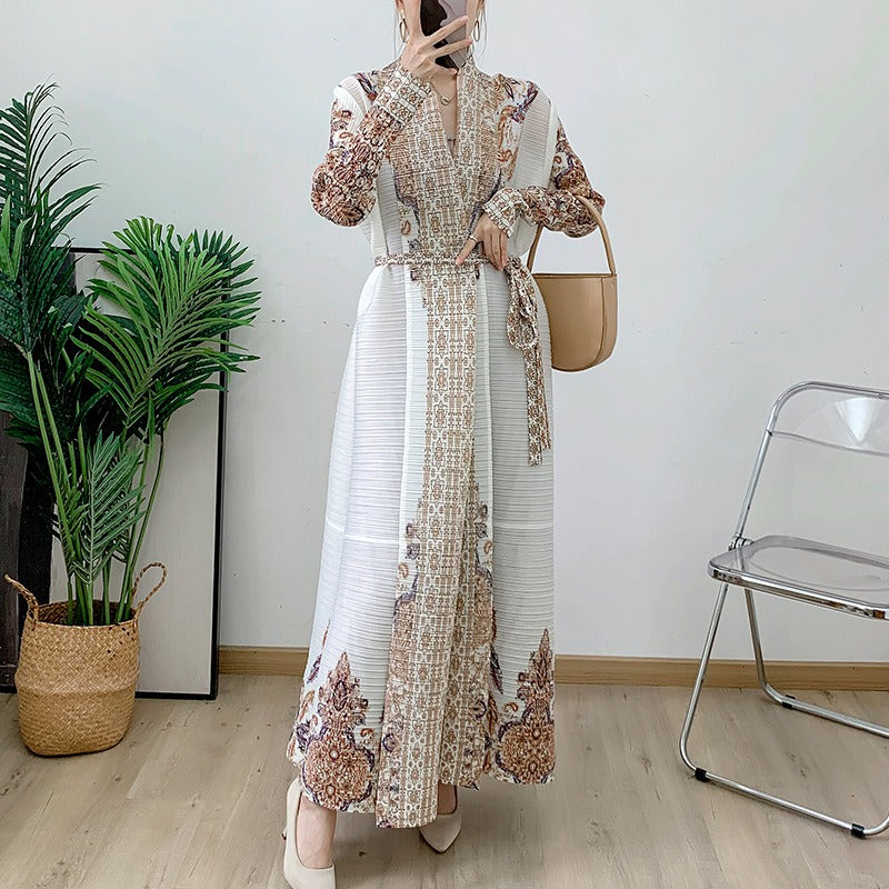 Beige pleated coat cape printed women's Arabic robe - Pleasures and Sins   Pleasures and Sins