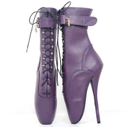 Purple leather high-heeled ankle boots with lace-up front and ballet toe design.