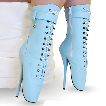 Pair of light blue, high-heeled, knee-high ballet boots with lace-up fronts and side zippers.