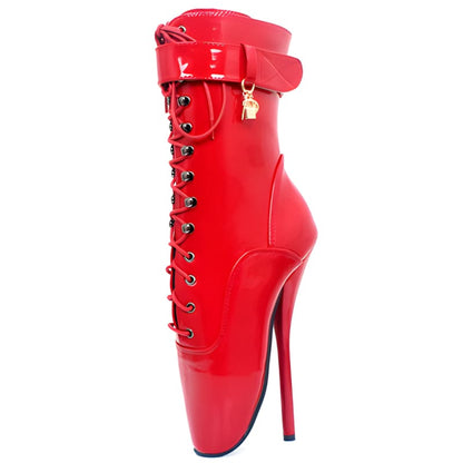 Bright red high-heeled ankle boot with laces and a lock charm.