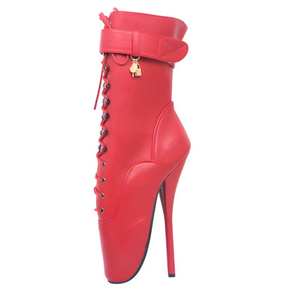 Red high-heeled ankle boot with lace-up front and ankle strap.