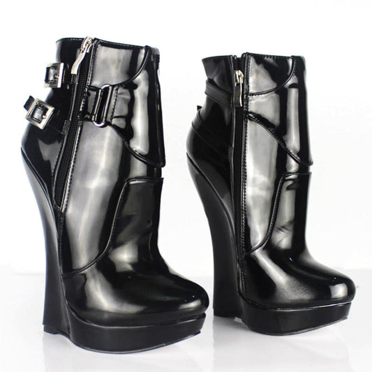 18cm Heel Platform Large Size Patent Leather High Heel Fetish Ankle Boots - Pleasures and Sins