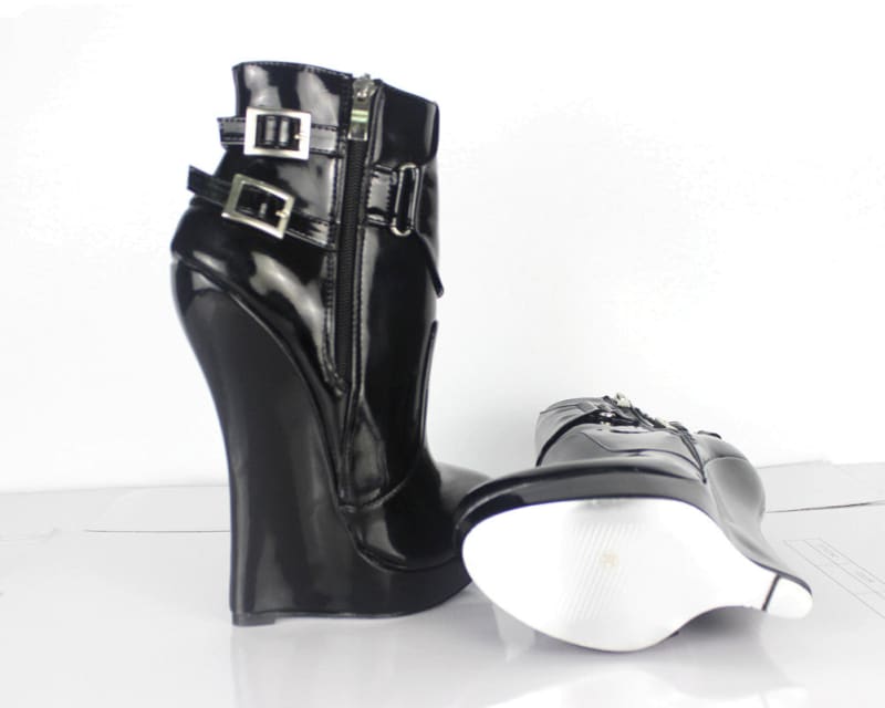 Unisex Black Patent Multi Buckle Platform Fetish Ankle Boots - Pleasures and Sins   Pleasures and Sins