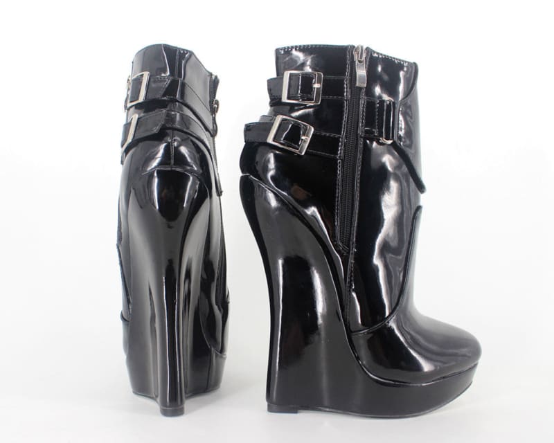 Unisex Black Patent Multi Buckle Platform Fetish Ankle Boots - Pleasures and Sins   Pleasures and Sins