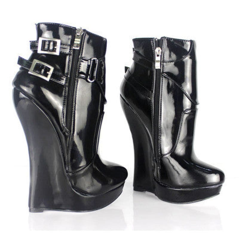 Unisex Black Patent Multi Buckle Platform Fetish Ankle Boots - Pleasures and Sins   Pleasures and Sins