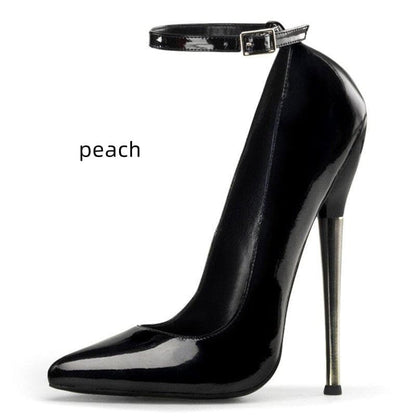 Black patent leather stiletto heel with an ankle strap.