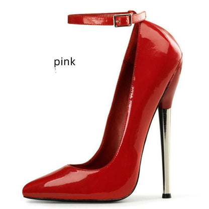 Glossy red high-heeled shoe with an ankle strap and metallic stiletto heel.