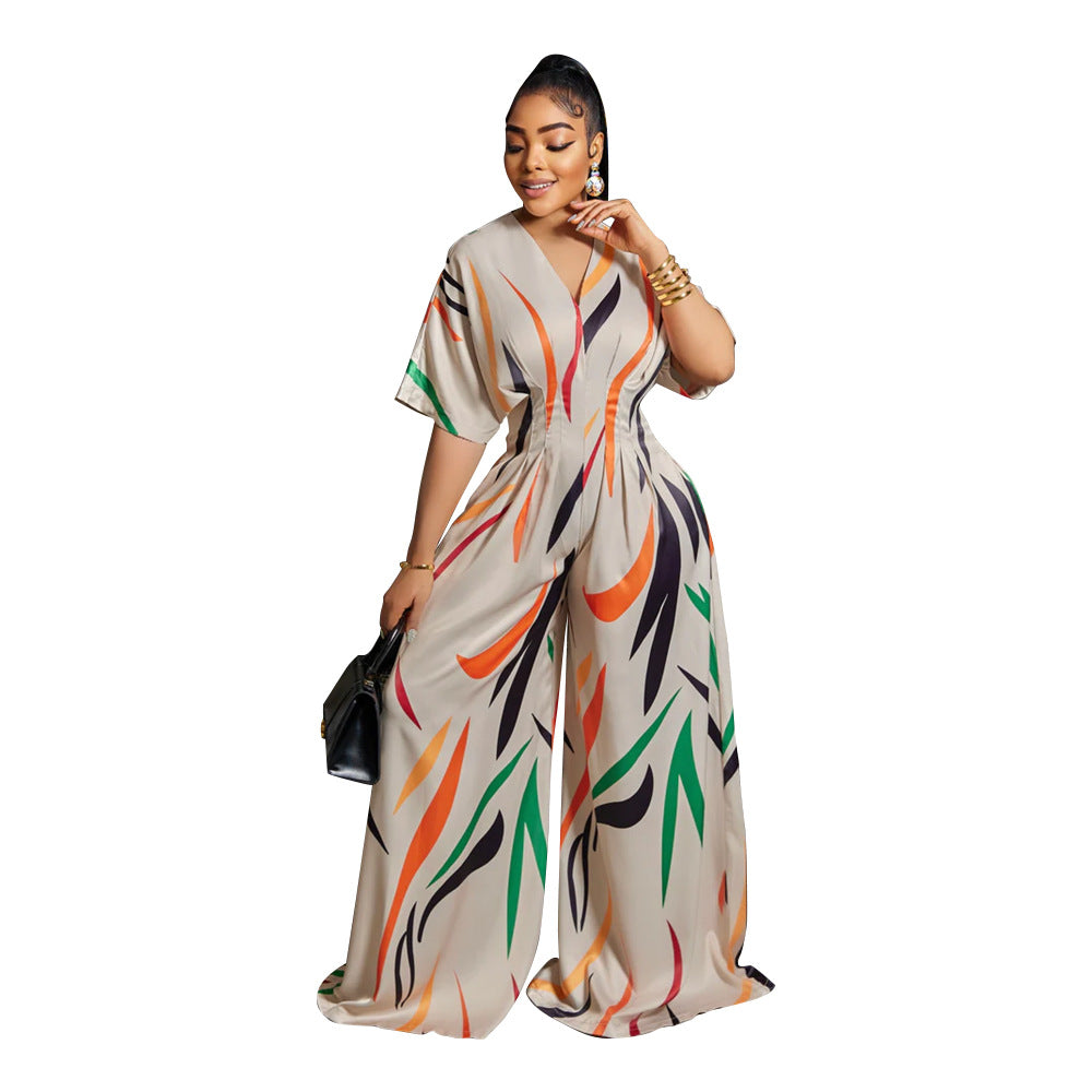 Printed Batwing Half Sleeve V-neck High Waist Wide Leg Jumpsuit - Pleasures and Sins   Pleasures and Sins