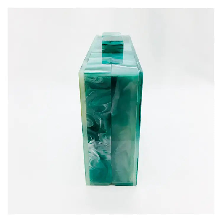 Translucent green crystal in Emerald Green Marbled Acrylic Box Evening Handbag Luxury.