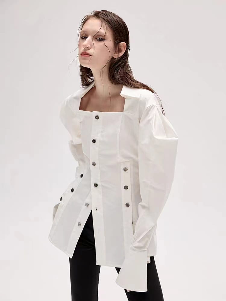 Shirt waist cinching slimming mid length shirt jacket