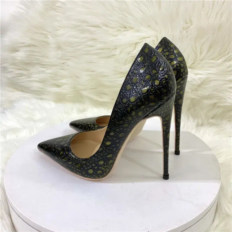 Black iridescent crocodile effect high heel party shoes with a pointed toe.